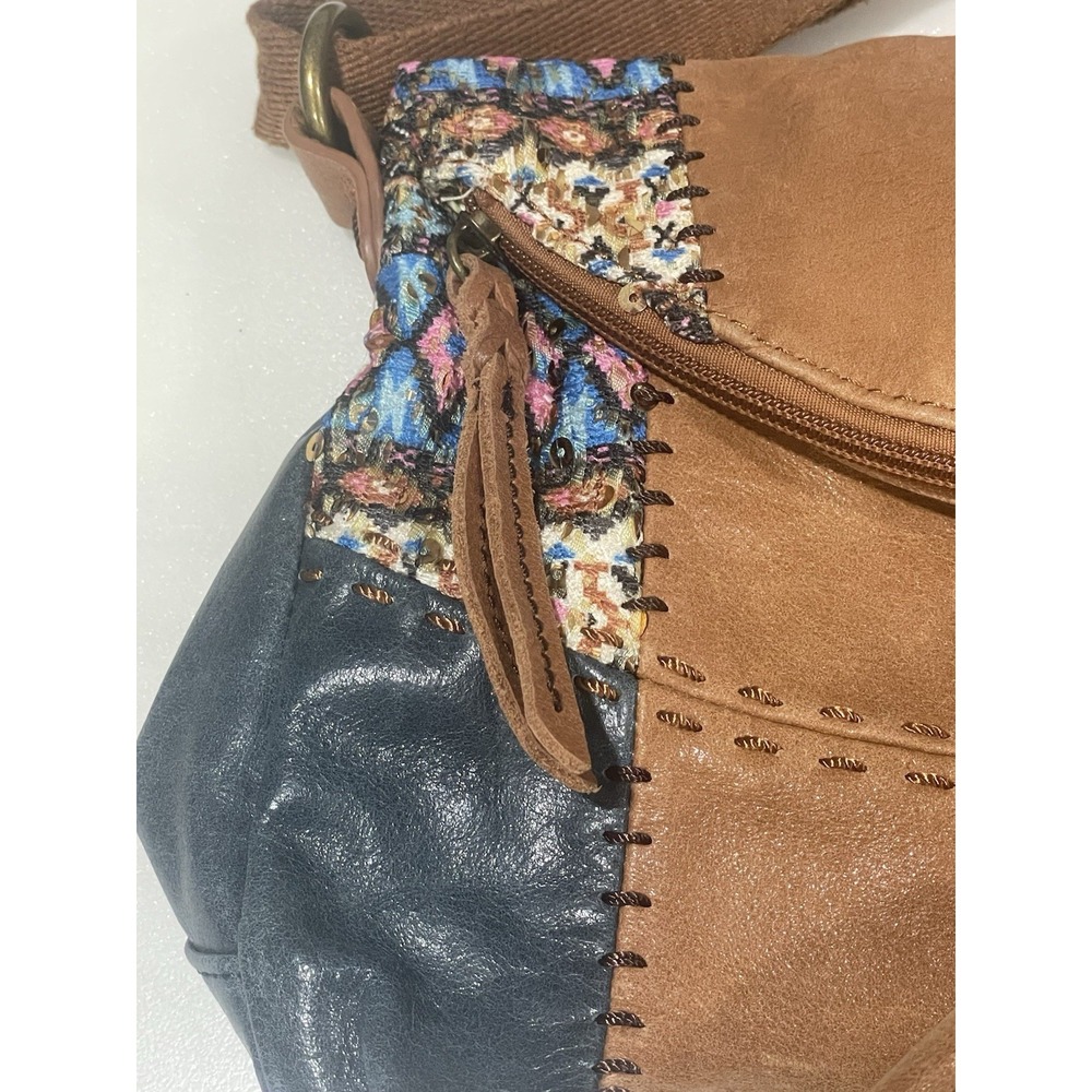 The Sak Leather Embellished‎ Crossbody Hobo Bag Boho Patchwork Blue Brown Y2K - Picture 2 of 10